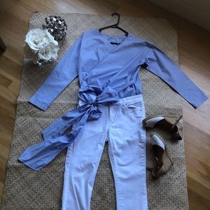 A soft blue blouse from Uniqlo